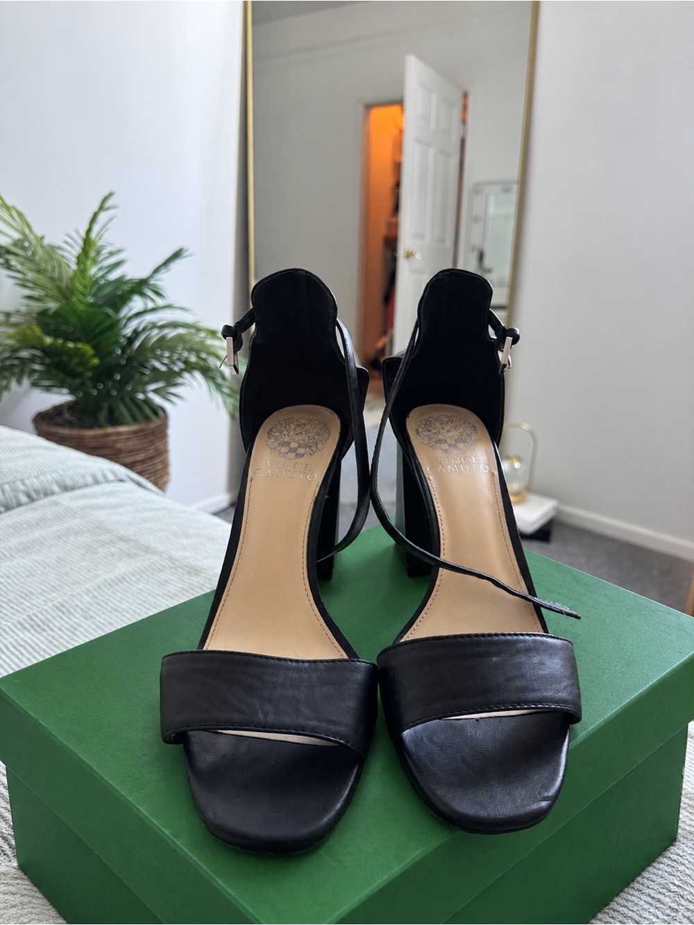 Vince Camuto Black Leather Ankle-Strap Block Heels